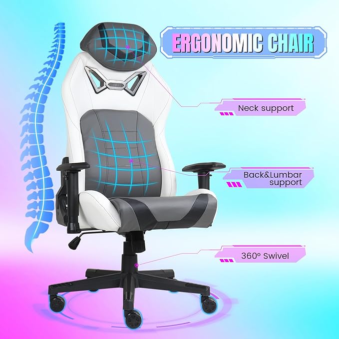 DIKEP Gaming Chair Video Game Chair with Footrest Lumbar Support Headrest PU Leather High Back Computer Chair for Home Office Grey White