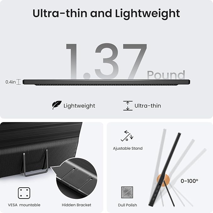 KQC Portable Monitor 15.6 1080P FHD IPS Display Ultra-Slim USB-C HDMI Travel Monitor with Kickstand Zero Bezel Screen Extender for Laptop Mac Phone PS Xbox Switch Gaming