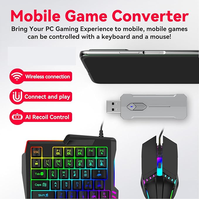 Zunate Half Hand Gaming Keyboard and Combo Half Hand Gaming Keyboard Set 4 in 1 Mobile Gaming Keyboard Set with Converter Adjustable Phone Stand for PC