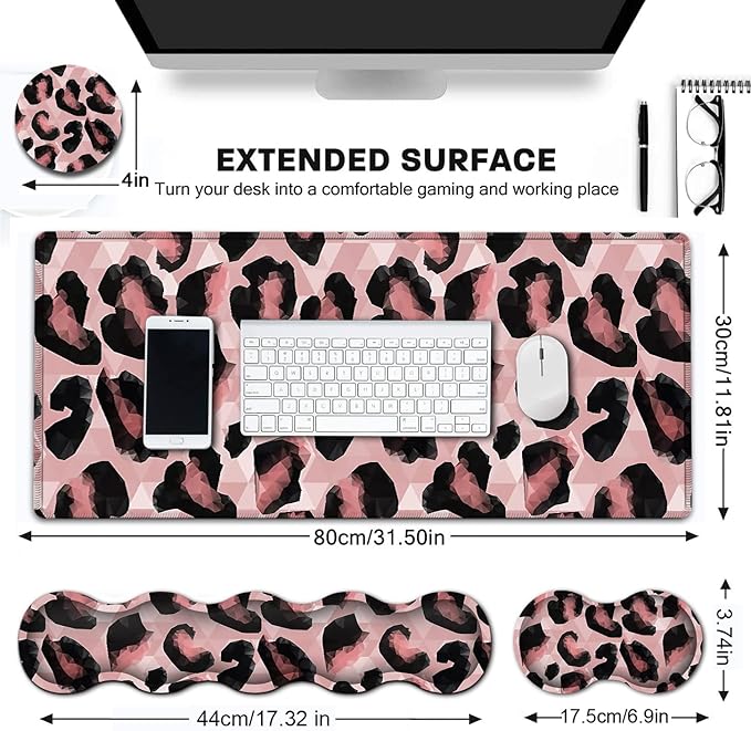 Extended Gaming Mouse Pad 31.5x11.8 Big Desk Mat Ergonomic Memory Foam Keyboard Wrist Rest Support for Home Laptop Office Desk Pad with Non-Slip BaseAbstract Pink Leopard Print Large Mouse Pad