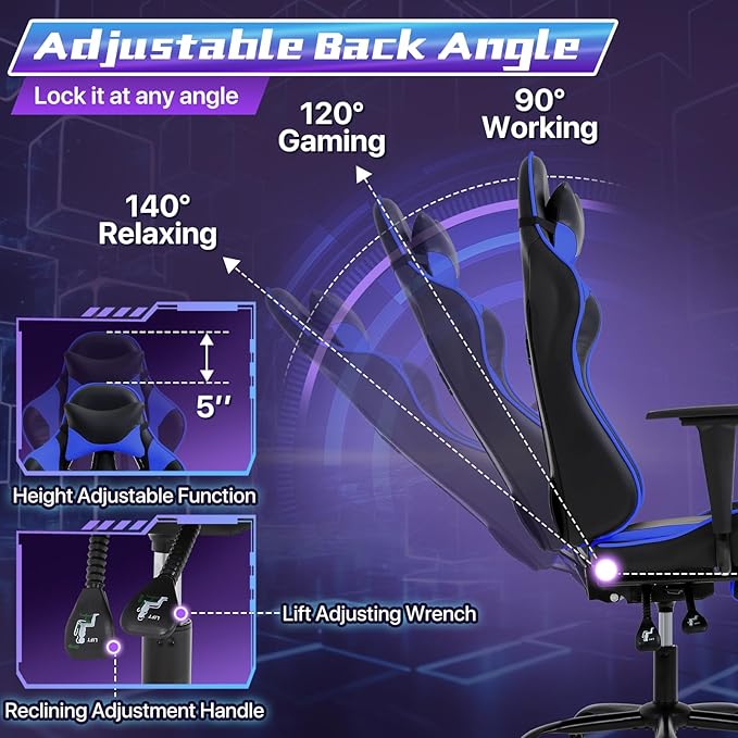Gaming Chair for Adults - 250lbs Capacity Video Game Chair with Footrest &amp Lumbar Support Ergonomic 360° Swivel Height Adjustable Office Gamer Chair Heavy-Duty PU Leather (Blue)