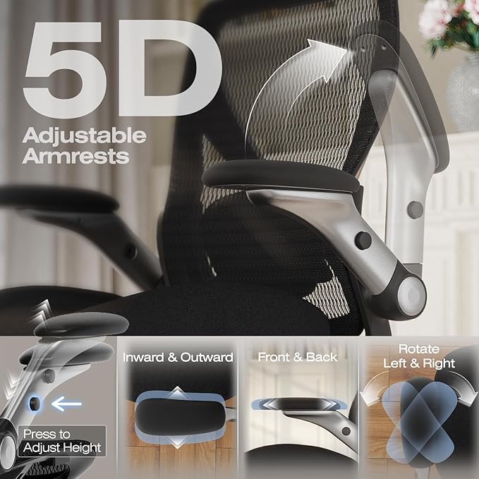 ELABEST X100 Ergonomic Mesh Office Chair Big and Tall Hone Desk Chair with 5D Flip-Up Arms Adjustable 3D Lumbar SupportGaming &amp Executive Computer Chairs for Long Hours Padded Seat