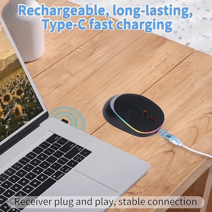 Type-C RGB Wireless Bluetooth Mouse - Ergonomic Rechargeable Silent Clicks for Laptops and PCs - Ideal for Office and Gaming Use (Black)