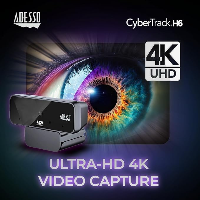 Adesso Cybertrack H6 4K Ultra HD USB Webcam with Built-in Dual Microphone &amp Privacy Shutter Cover Black