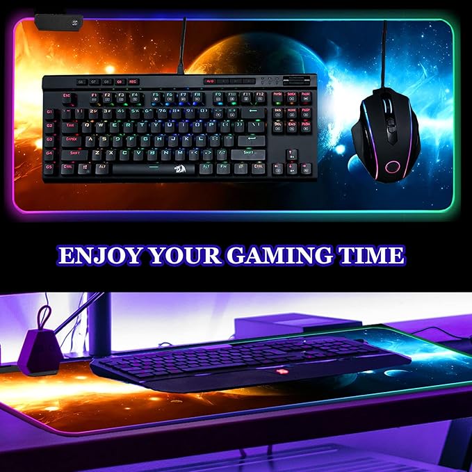 ARTSO RGB Gaming Mouse Pad Large Extended LED Mouse Mat XXL 35.4x15.7 inch 14 Lighting Modes 2 Brightness Non-Slip Rubber Base Mousepad Waterproof Keyboard MatUniverse Space Starry Sky
