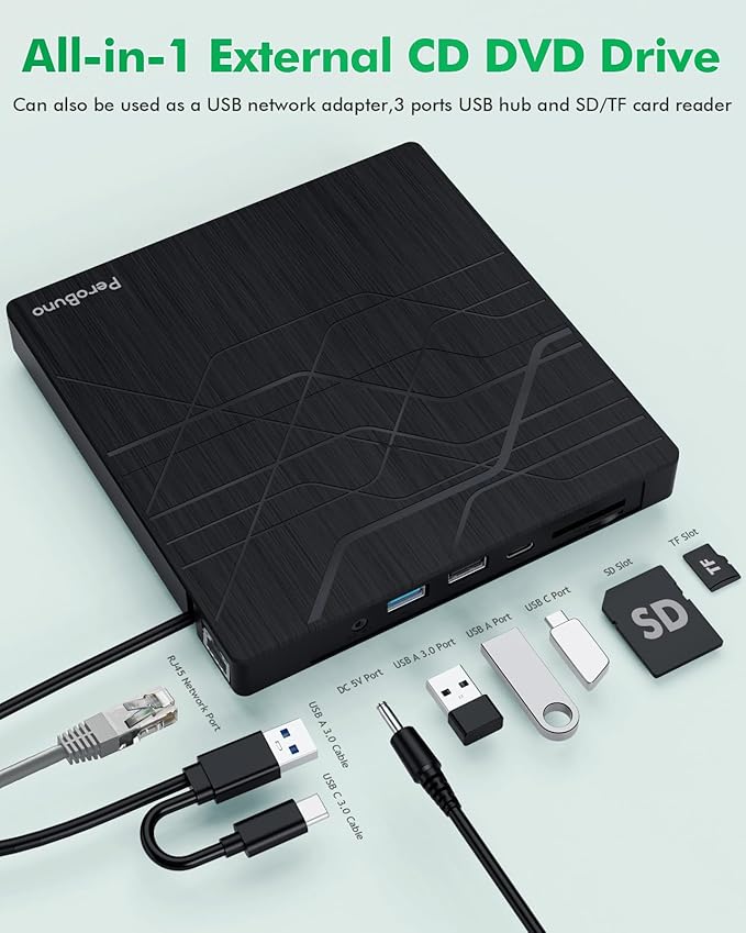 Super External CD DVD Drive USB 3.0 DVD Burner with Ethernet Adapter 3 USB and 2 TF/SD Card Ports CD DVD Player Reader Writer Optical Disk Drive for Laptop PC Mac Windows Linux with Carrying Case