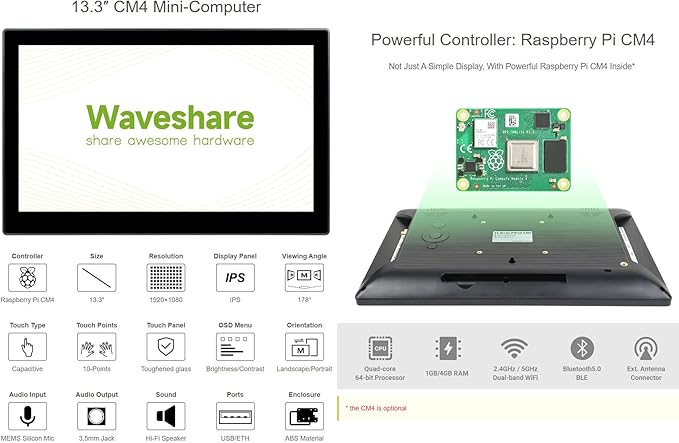 waveshare 13.3inch PiPad Mini-Computer Powered by Raspberry Pi CM4 13.3inch HD Touch Screen with USB/ETH Ports with Powerful Raspberry Pi CM4101000 Inside