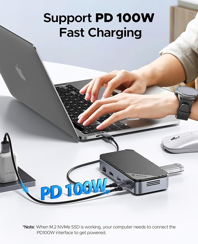 ORICO 10-in-1 USB C HUB with SSD Enclosure Built-in Cooling Fan with NVMe/SATA HDMI 4K@60Hz10Gbps/5Gbps USBA/C Gigabit Ethernet SD/TF 3.0 Ports Compatible with Windows/Mac/Dell/HP