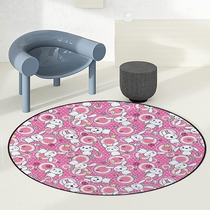 White Pink Office Chair Mat Rabbits Funky Animals Bunnies Kids Humor Print Non Slip Round Floor Mat for Hardwood Floor and Protector for Rolling Chair Anime Diameter 48 in