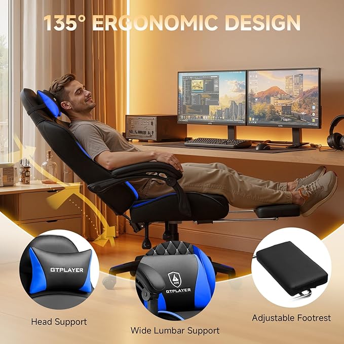 GTPLAYER Gaming Chair High Back Leather Computer Gaming Chair with Footrest Ergonomic Height Adjustable Office Chair with Removable Cover and Lumbar Support for Gaming and Work (Blue)