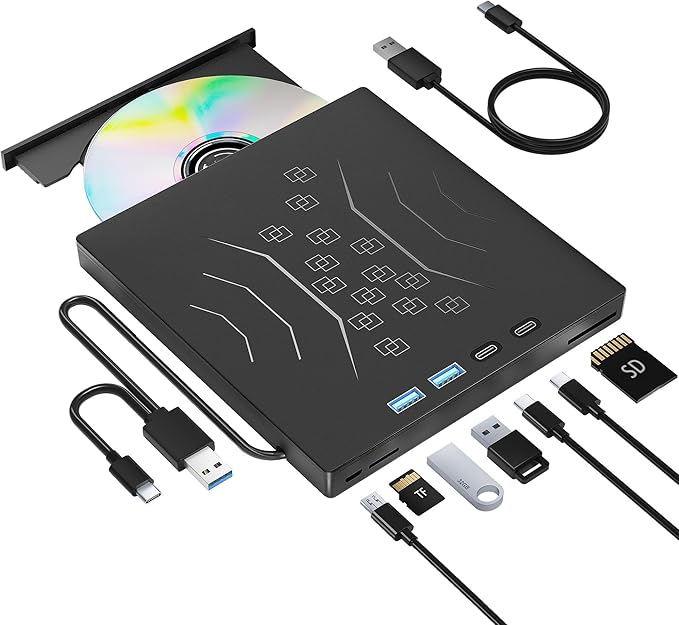 7 in 1 External DVD Drive External CD/DVD Drive for Laptop USB 3.0 &amp Type-C Portable CD/DVD +/-RW Disk Drive CD/DVD Burner CD ROM External Drive for Laptop Desktop PC Windows 10/11 XP Mac Linux