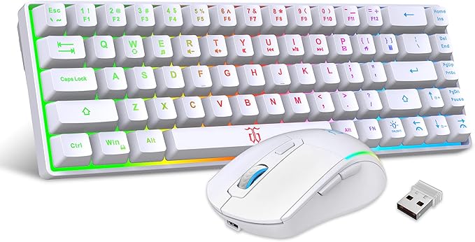 Snpurdiri 60% Wireless Gaming Keyboard and Mouse ComboLED Backlit Rechargeable 2000mAh BatteryMini Mechanical Feel Anti-ghosting Keyboard +Popular RGB Gaming Mice for PC Gamer (White)