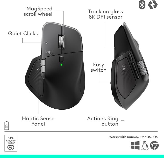 Logitech MX Master 4 for Mac Ergonomic Bluetooth Mouse with Advanced Performance Haptic Feedback Ultra-Fast Scrolling USB-C Charging MacOS iPadOS Windows - Space Black