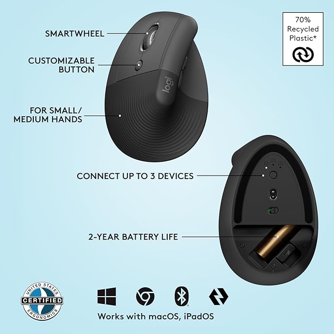 Logitech Lift Left Vertical Ergonomic Mouse Left-Handed Wireless Bluetooth or Logi Bolt USB Quiet clicks 4 Buttons Compatible with Windows/macOS/iPadOS Laptop PC - Graphite (Renewed)