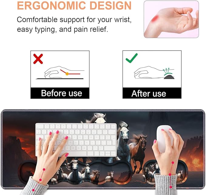 Ergonomic Keyboard Wrist Rest &amp Mouse Pad Wrist Rest Set Large XXL Gaming Desk Mat 31.5x 11.8 with Non-Slip Base Memory Foam Easy Typing Pain Relief for Home &amp Office Running Horses
