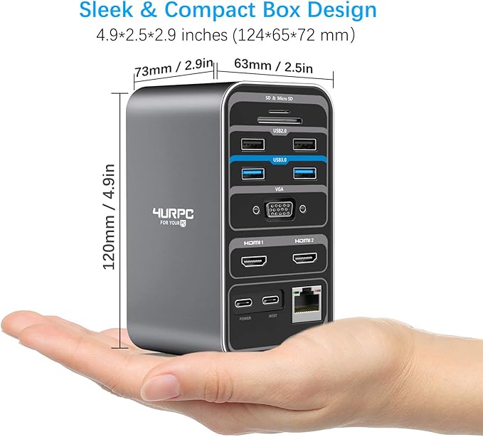 4URPC USB C Docking Station Dual Monitor Dual HDMI USB C Dock Laptop Docking Station with 2 HDMI Ports VGA 7 USB 65W Power Adapter Ethernet SD/TF Audio/Mic for Windows and ChromeOS