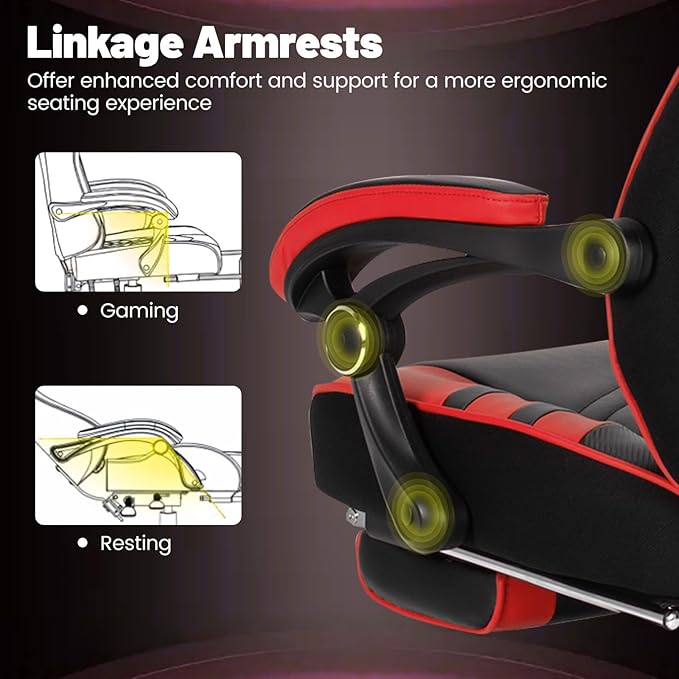 Goplus Gaming Chair Computer Chair with Footrest and Lumbar Support Height Adjustable Executive Swivel Rolling Task Chair with 90°-155° Tilt Function (Red)