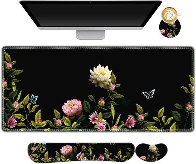 ARTSO Gaming Mouse Pad Wrist Support Set XXL Large Desk Mat Mousepad + Keyboard Wrist Support+ Mouse Wrist Rest+Coaster 4in1 Ergonomic Stitched Edge for Home Office -Flowers and Butterflies