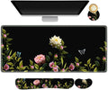 ARTSO Gaming Mouse Pad Wrist Support Set XXL Large Desk Mat Mousepad + Keyboard Wrist Support+ Mouse Wrist Rest+Coaster 4in1 Ergonomic Stitched Edge for Home Office -Flowers and Butterflies