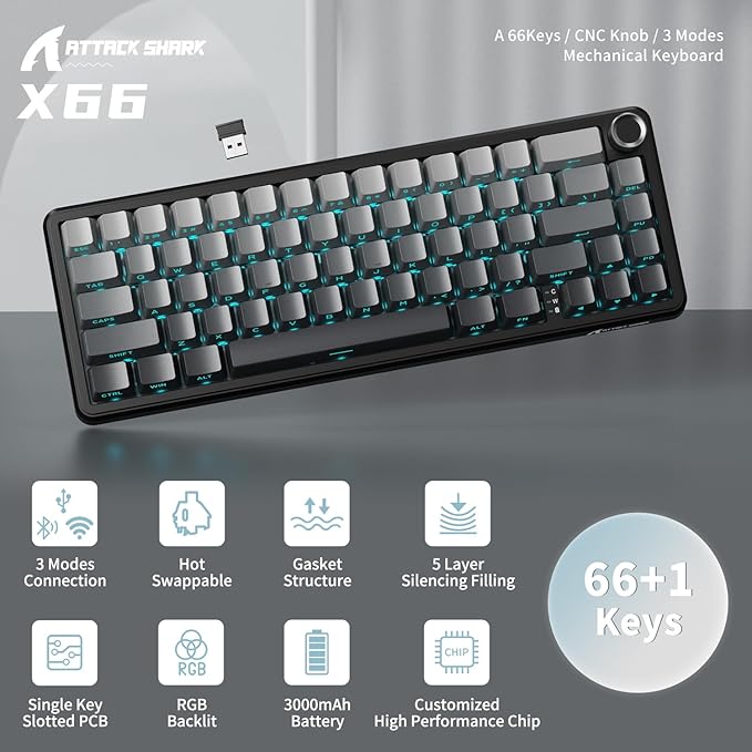 ATTACK SHARK X66 Wireless Mechanical Gaming Keyboard with KnobTri Mode USB-C/BT5.0/2.4G Gasket Mounted 60% RGB Gaming Keyboard Side Printed PBT KeycapHot Swappable Strawberry Switch(Moonlight)