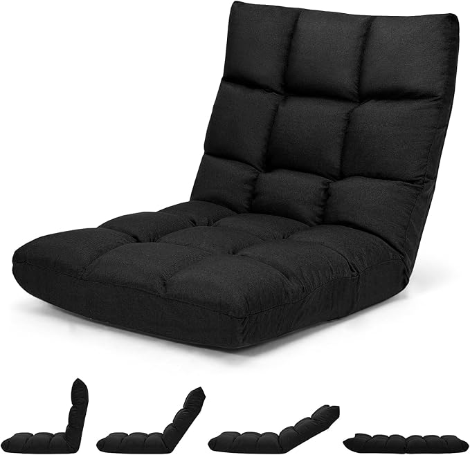 MAT EXPERT 14-Position Floor Chair Floor Gaming Chair w/Resilience Sponge Alloy Steel Frame Padded Bed Couch Recliner Floor Chair with Back Support for Reading Meditating (Dark)