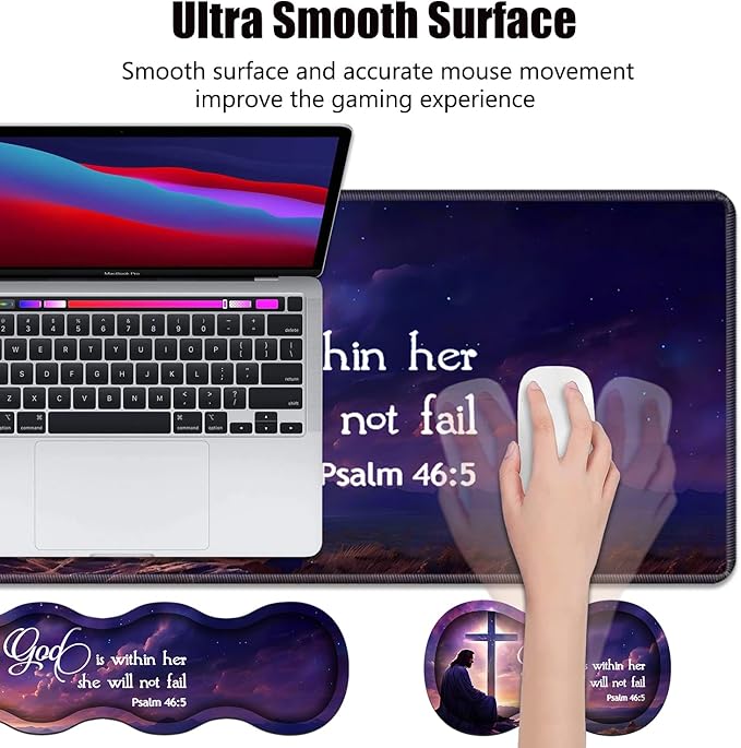 Ergonomic Memory Foam Mouse Pad Wrist Rest Set Large Gaming Desk Pad + Keyboard Wrist Rest + Mouse Wrist Cushion + Coaster for Home Office Study Gaming Christian Cross Quote Bible Verse Psalm 46:5