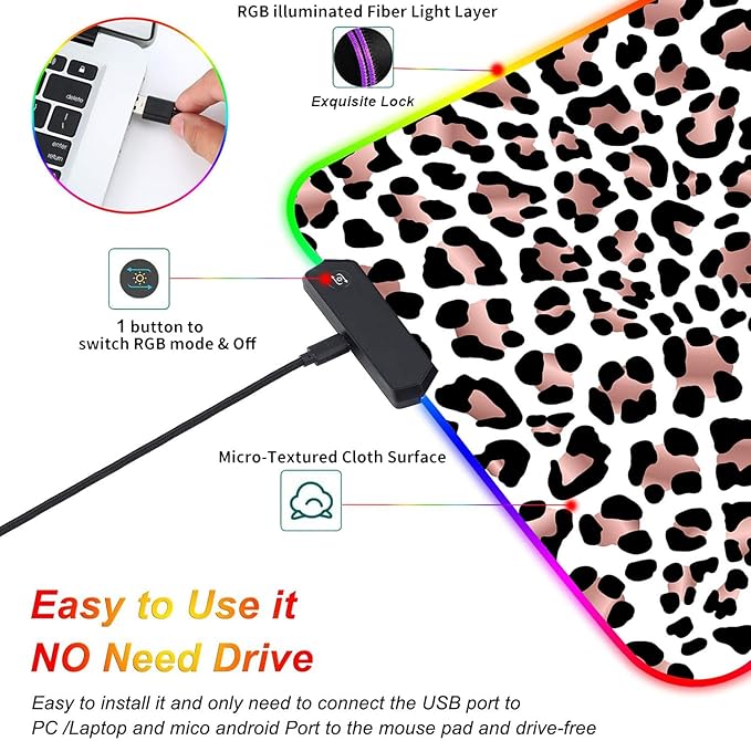 Customized RGB Gaming Mouse Pad and Coffee CoasterLarge Glowing Led Anti-Slip Rubber Base Computer Keyboard Desk Mouse Mat 31.4x11.8 InchLeopard Print
