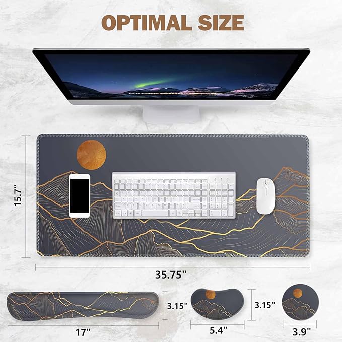 ToLuLu Extended Gaming Mouse Pad Memory Foam Ergonomic Keyboard Mouse Wrist Rest Support Set Large Desk Mat with Stitched Edges Non-Slip Base Mousepad for Home Office and Game Golden Mountain