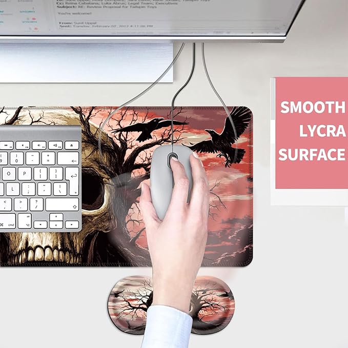 Mouse PadLarge Desk Mat Set 4in1 XL Mousepad + Keyboard Wrist Rest+Mouse Wrist Rest+Coaster with Ergonomic Desk Pad for Home Office Table Computer Cover -Skull Tree with Crows