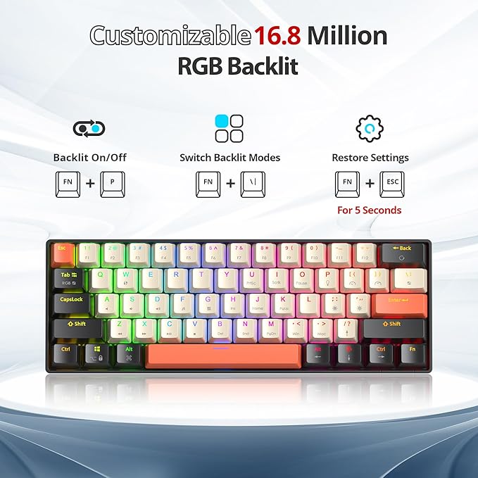 60% Mechanical Keyboard 61-Key Wired Gaming Keyboard with Red Switch RGB Lighting Effect PBT Keycaps Ultra-Compact Mini Keyboard Suitable for Win/Mac(61 Carbon)