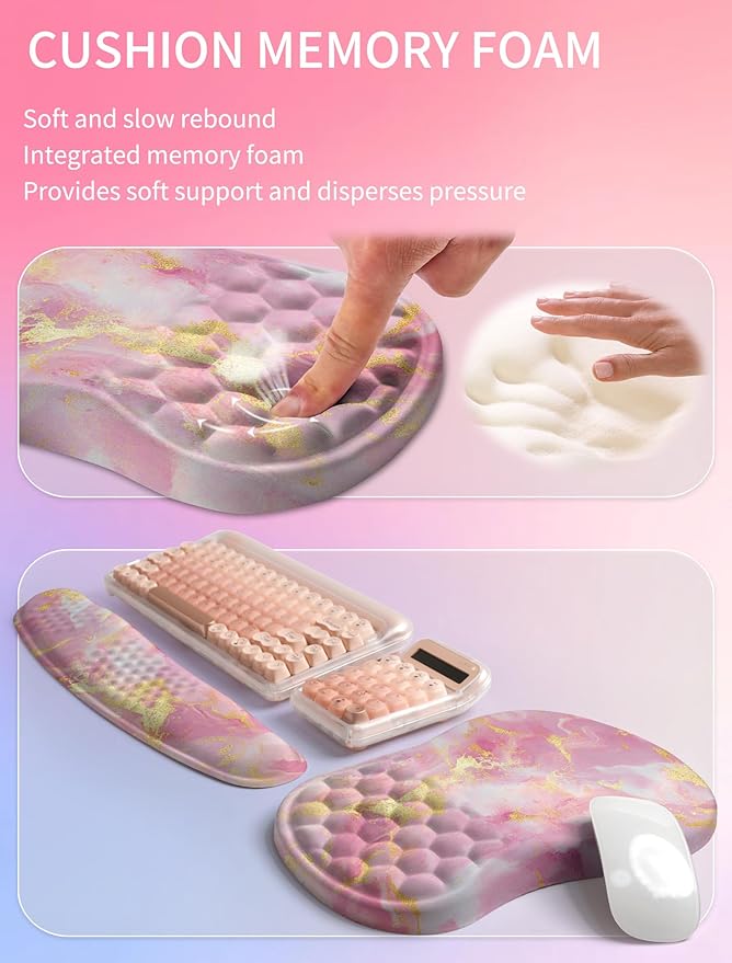 Hokafenle 2in1 Combination Wave Keyboard Wrist Rest and Ergonomic Curvature Mouse Pad Wrist Support for Relieve Wrist Pain Filled with Soft Cushion Memory Foam Golden Pink Marble