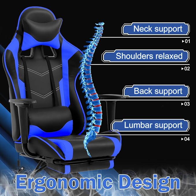 Gaming Chair with Footrest Massage Lumbar Support Ergonomic Racing Office Chair 360 Swivel PC Computer Desk Chair Adjustable Headrest and Arms Blue