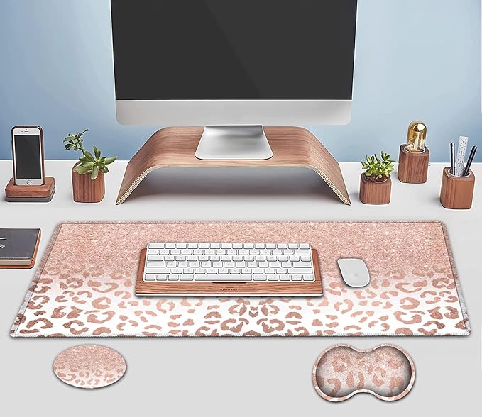 JVGFYNKL Pink Large Mouse Pad Extended Office Desk Pad 31.5x11.8in Ergonomic Memory Foam Mouse Wrist Rest Support for Home Office Computer Writing Pad Pink Leopard XXL Gaming Mouse Mat