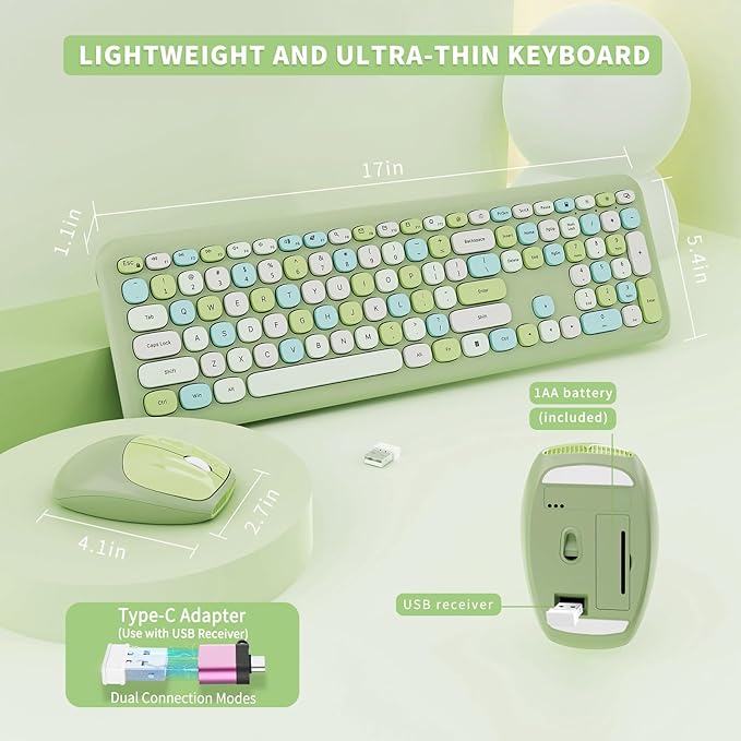Wireless Keyboard and Mouse Combo Colorful Ergonomic Full Size Retro Low-Noise Keyboard with Cute keycaps Compatible with Windows PC Perfer for Home and Office Keyboards (Green)
