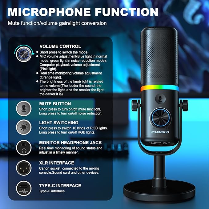 Aokeo Microphone for PC AK-10 USB/XLR Dynamic Desktop Microphone for GamingPodcastStreaming with RGB LightVolume ControlMute ButtonNoise Reduction(White)