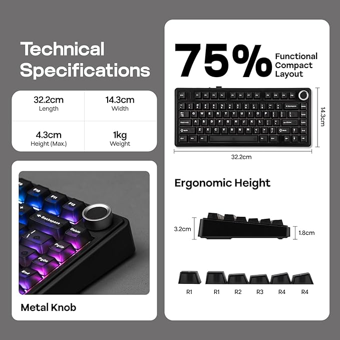 EPOMAKER x Aula F75 Ultra Wireless Gaming Keyboard with Knob 10000mAh Hot Swap RGB PBT Keycap Creamy Sound VIA 75% Mechanical Keyboard for Win/Mac (Black Reaper)