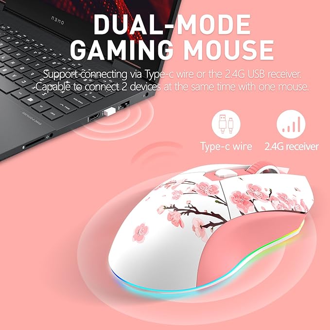 DAREU Sakura Pink Wireless Gaming Mouse with Charging Dock Rechargeable RGB12K DPI6 Programmable Buttons High-Precision Sensor [300IPS] [1000Hz] for PC Notebook Mac