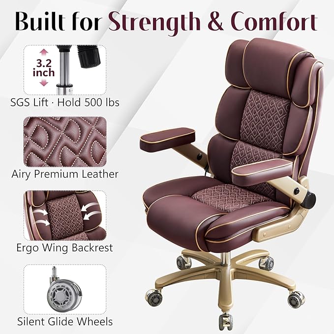 Heavy Duty Executive Leather Chair Big and Tall Office Chair 500lbs with 5D Flip-up Armrests Comfortable Seat Adjustable Lumbar High Back Large Computer Desk Chair for Home Office Brown