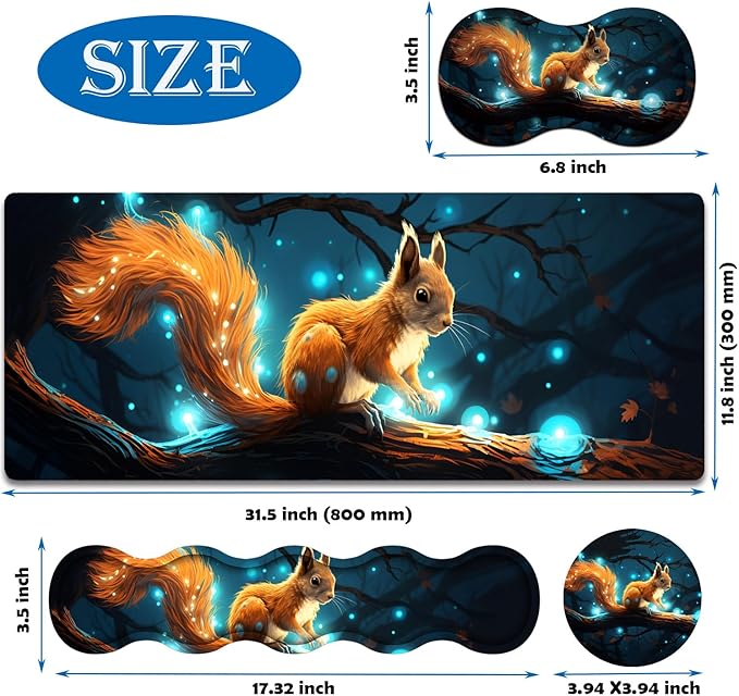 4 in 1 Mouse Pad Combo Large Gaming Mouse Pad + Keyboard Wrist Support + Mouse Wrist Rest + Coaster Table Pad 31.5 x 11.8 with Memory Foam Ergonomic Wrist Pad Set Glowing Squirrel