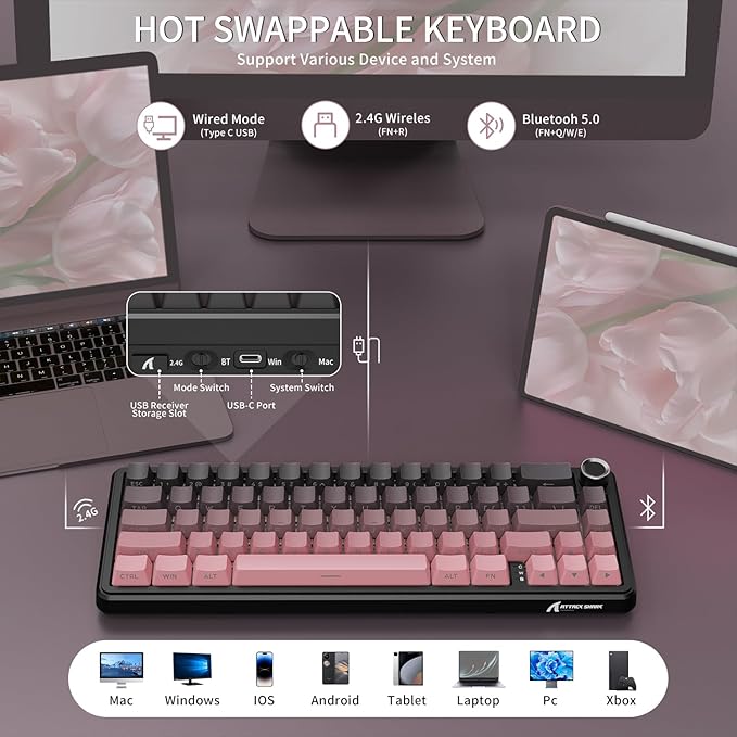 ATTACK SHARK X66 Wireless Mechanical Gaming Keyboard with KnobTri Mode USB-C/BT5.0/2.4G Gasket Mounted 60% RGB Gaming KeyboardSide Printed PBT Keycap Hot Swappable Strawberry Switch(BlackBerry)