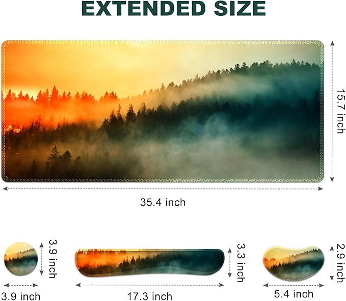 Keyboard Mouse Pad Set Extended Gaming Mouse Pad +Keyboard Wrist Support +Mouse Wrist Rest +Coaster 35.4x15.7 in XXL Large Ergonomic Desk Mat 4in1 Set for Home Office Sunset Misty Forest