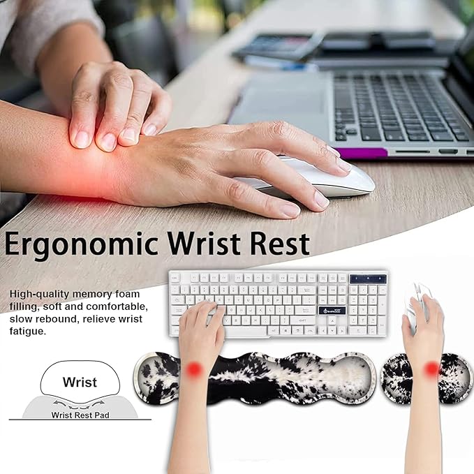 Gaming Mouse Pad and Keyboard Wrist Rest Large Extended Mouse Pad 31.5X 11.8Ergonomic Memory Foam Wrist Rest Support+Desk Mat Protectorfor Office/Home Writing Pad Black &amp White Cow Hair Mousep