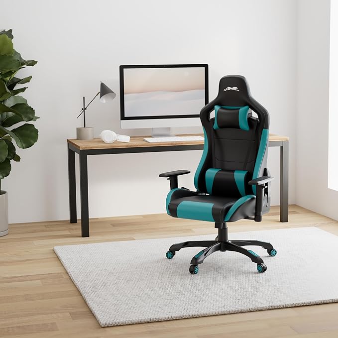 Leopard Gaming Chair High Back PU Leather Office Chair Adjustable Video Gaming Chairs Swivel Racing Chair with Adjustable Armrest (Black/Light Blue)