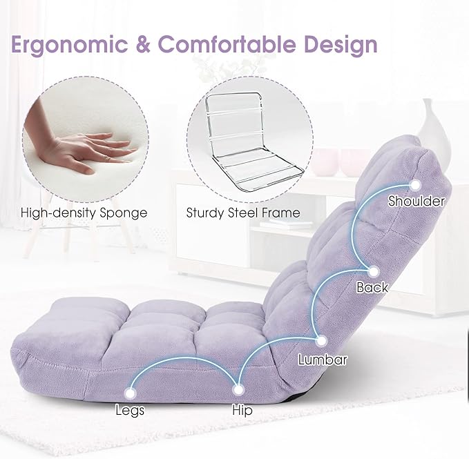 ARLIME Adjustable Floor Chair 14-Position Lazy Sofa Chair with Back Support &amp Thick Padding Portable Foldable Floor Couch for Adults Kids Use in Bedroom Living Room Home Theater (Light Purpl