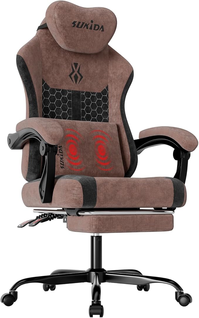 SUKIDA Fabric Video Gaming Chair Ergonomic High-Back Computer Game Chairs with Large Massage Adjustable Lumbar Support Headrest and Linked Armrests for Long Hours Sitting Task Chair Brown