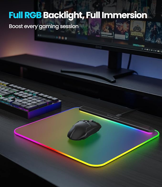 BladeHawks BX10 RGB Full Backlight Gaming Mouse Pad 6 Lighting Modes &amp Colors USB 2.0 &amp Type-C Ports Detachable Type-C Cable Micro-Textured Surface Non-Slip Base (13.4 * 12.2'') – Ideal D