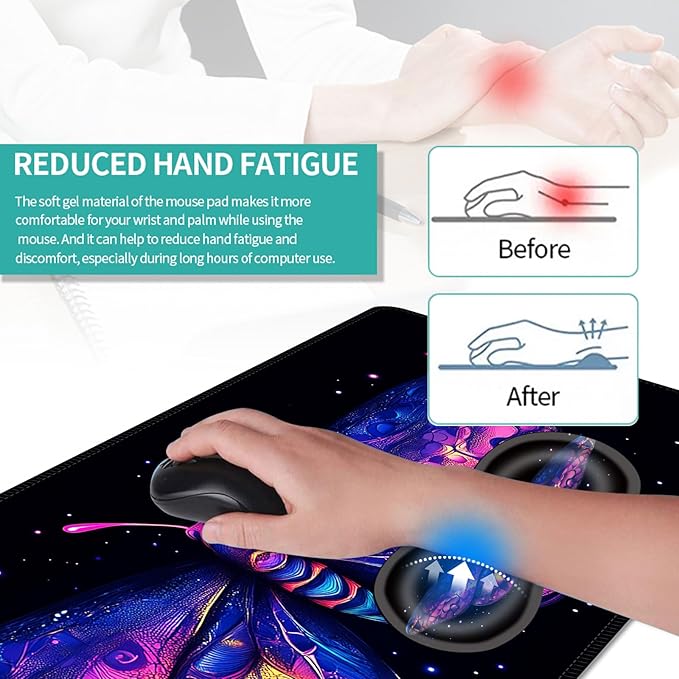 Keyboard Mouse Pad Set Extended Gaming Mouse Pad+Ergonomics Keyboard Wrist Rest Support Memory Foam Easy Typing Pain Relief 4Pcs XL Ultra Thick Desk MatNeon Galaxy Butterfly