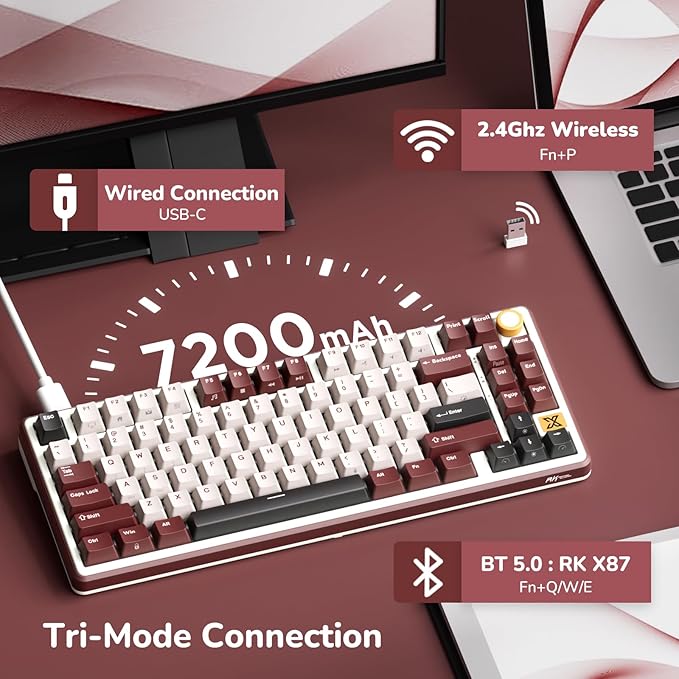 RK ROYAL KLUDGE X87 Gasket Mechanical Keyboard 75% Wireless Gaming Keyboard with Touchable X-Plate &amp Volume Knob Bluetooth/2.4GHz/Wired Hot Swappable RGB Backlit (Red Linear Cream Switch)