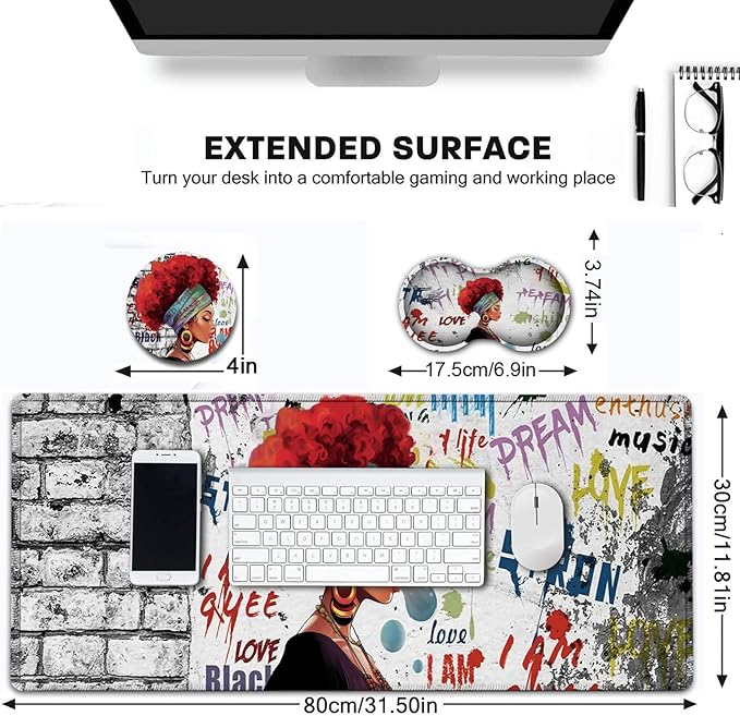 Desk Pad Extended Large Mouse Pad with Stitched Edges (31.5X11.8In) Ergonomic Mouse Wrist Rest Support Waterproof Computer Mouse Mat African Black Woman Graffiti Girls XXL White Gaming Mouse Pad