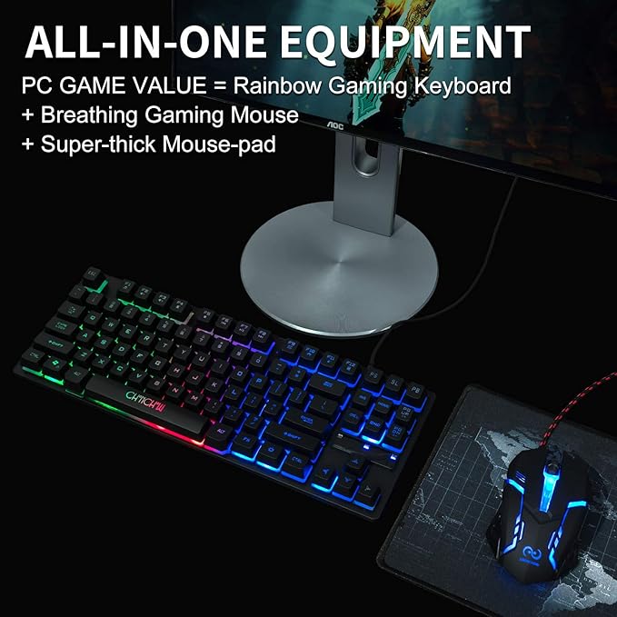 CHONCHOW 87 Keys TKL Gaming Keyboard and Mouse Combo Wired LED Rainbow Backlit Keyboard 800-3200 DPI RGB Mouse Gaming for PS4 Xbox PC Laptop Mac